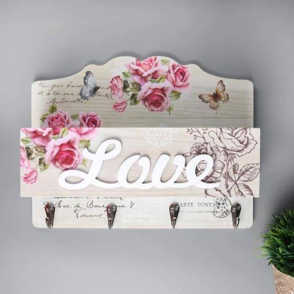 Крючок декоративный 22,5*30*10,5см дерево с кармашком Розовые розы с бабочками