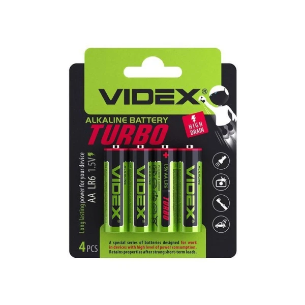 Батарейки набор 4шт. Videx LR6 алкалиновые 4/BL Turbo, Card (100/10)
