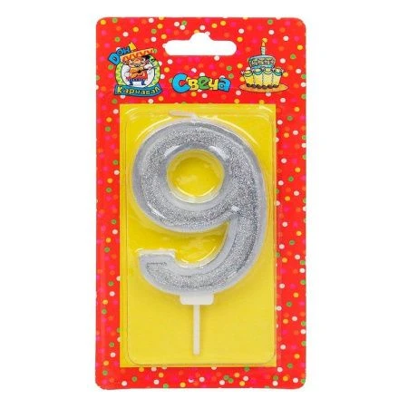 Свеча для торта Серебряный глиттер с окантовкой Цифра 9