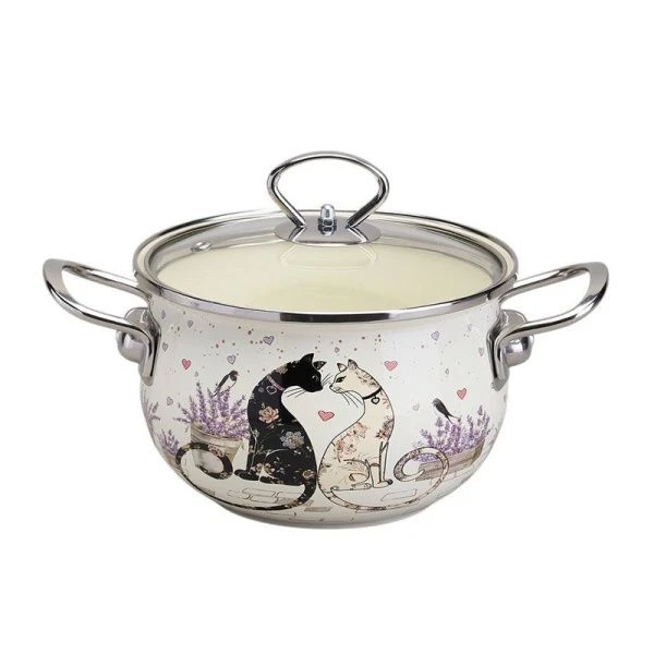 Кастрюля 2л эмаль Lavander Cats со стекл.крышкой 18см (6)