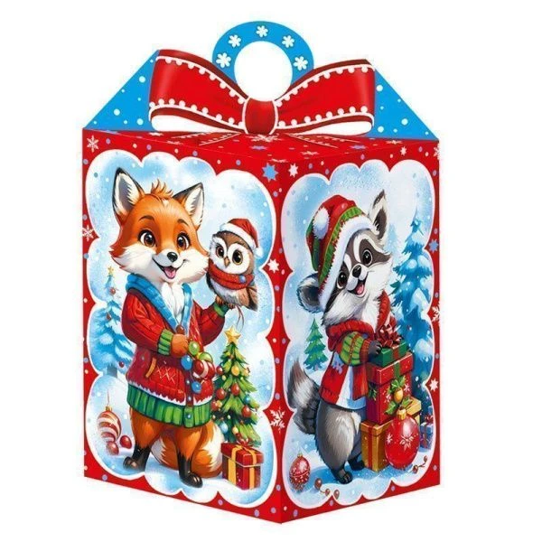 Коробка новогодняя картонная 11,5*11,5*17см 1кг Зверята (150)