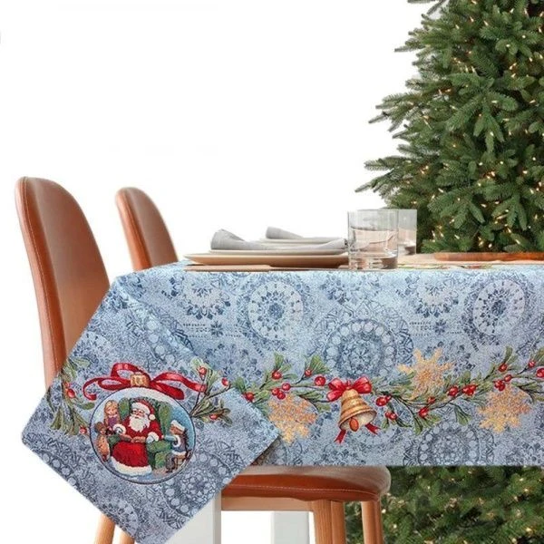 Скатерть новогодняя 160*360см гобелен НОВОГОДНИЕ ЯГОДЫ серо-голубой фон