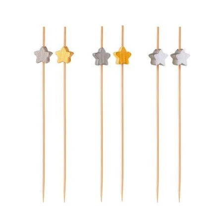 Шпажки для канапе 12см 50шт бамбук Звездочки золото/серебро в пакете PATERRA