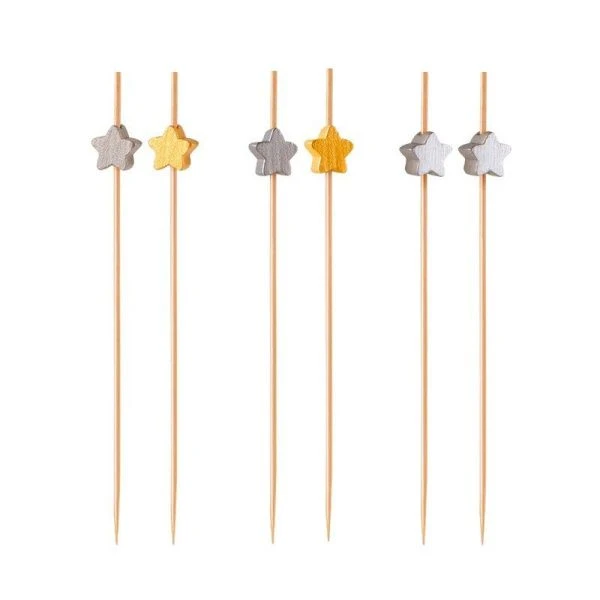 Шпажки для канапе 12см 50шт бамбук Звездочки золото/серебро в пакете PATERRA