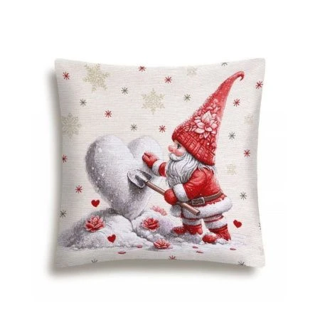 Наволочка декоративная новогодняя 44*44см гобелен ГНОМЫ Лепим сердечко серебряный люрекс