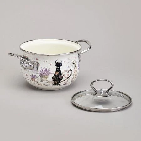 Кастрюля 1,5л эмаль  Lavander Cats со стекл.крышкой 16см (6)