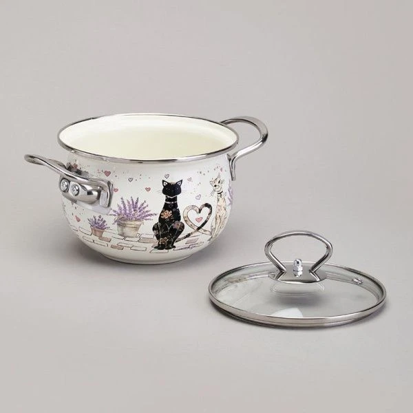 Кастрюля 1,5л эмаль  Lavander Cats со стекл.крышкой 16см (6)
