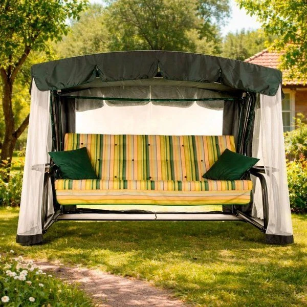 Качели садовые САВАННА 4-х местные (до 320кг) каркас антрацит, рис.Полоска 266,5*144*186см Olsa, арт