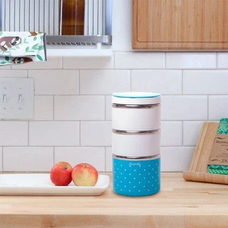 Ланч-бокс 3-х секционный 1480мл 11*23,5см нерж.сталь/пластик (голубой, салатовый, розовый), арт. 210