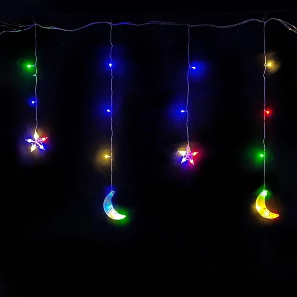 Гирлянда эл. Бахрома Месяц и звезда 3*0,85м 110UV-LED разноцветный 8 режимов шнур 1м цв.уп JC-15320
