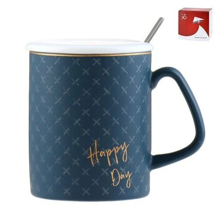 Кружка 380мл фарфор Happy Day синяя с крышкой и ложкой подар.уп. (60)
