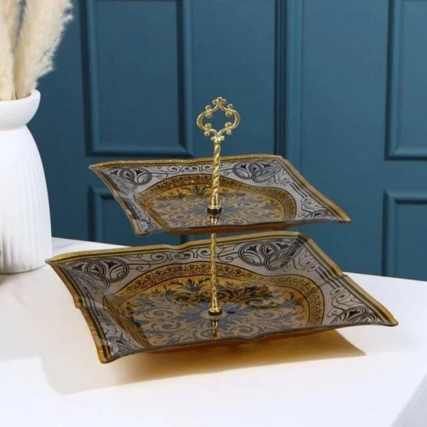 Этажерка сервировочная 2 яруса 32*32/23*23см h26см стекло серый, золотой (6)