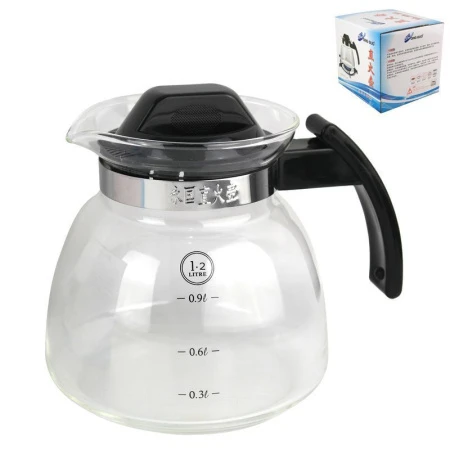 Чайник заварочный 1,2л стекло с черной ручкой с мерной шкалой JC-9366/YG-J1200 (24)