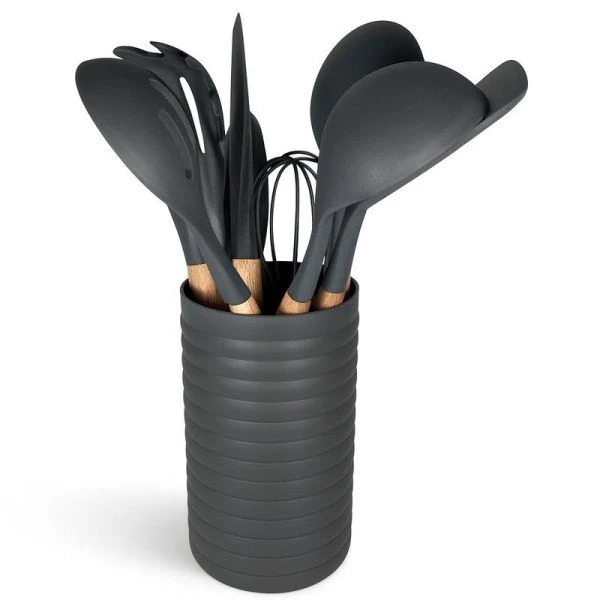 Набор кухонных принадлежностей 12пр на пласт.подставке дер.ручки серый 00012110/JC-15694 (16)