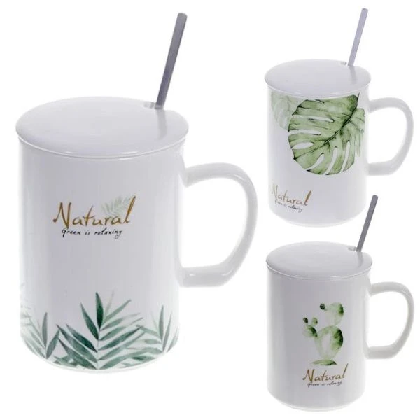 Кружка 460мл фарфор с крышкой и ложкой 11*8*11,5см 3 вида (60)