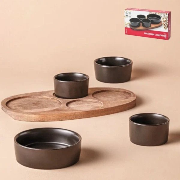 Менажница 4 секции 90/90/135/200мл керамика на дер.подставке 28*16*1,5см Alturo ALT-02 (12)