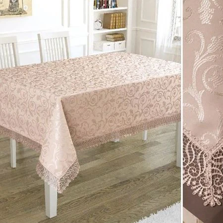 Скатерть 160*360см полиэстер прямоугольная с гипюром Karna KDK (Пудра)