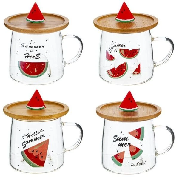 Кружка 300мл 7,5*10,5*7,5см стекло с крышкой 4 вида