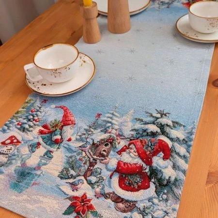 Салфетка новогодняя 40*100см гобелен ГНОМЫ серебряный люрекс