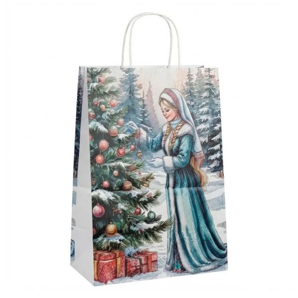 Пакет новогодний крафт 26*35*15см Снегурочка (100)
