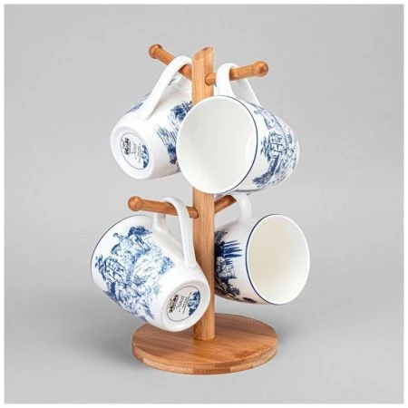 Кружки набор 4шт 380мл фарфор Novel на  дерев. подставке (6) HJCNB-1546S4B Кружки набор 4шт 380мл фарфор Novel на  дерев. подставке (6) HJCNB-1546S4B