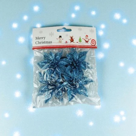 Игрушки новогодние на елку ПУАНСЕТТИЯ набор 4шт 6,5*6,5см синий OSHRIP-418/JC-16462 (1600)