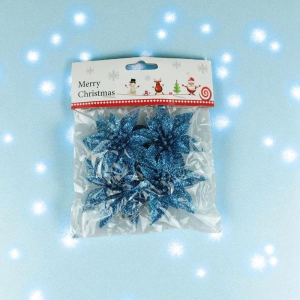 Игрушки новогодние на елку ПУАНСЕТТИЯ набор 4шт 6,5*6,5см синий OSHRIP-418/JC-16462 (1600)