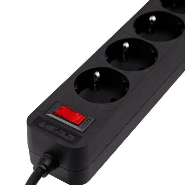 Удлинитель 5 гнезд пластик 5м 0,75кв.мм 10А ПВС с зазем, выкл-ем СТАРТ черный (20)