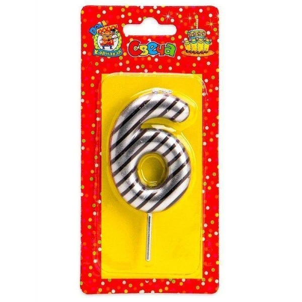 Свеча для торта в полоску серебряная Цифра 6 С-2525(12)