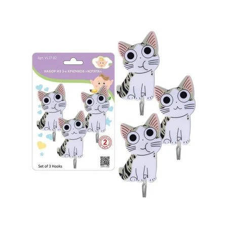 Набор крючков пластик 3шт. самоклеящихся Котята VL27-82 (12/144)