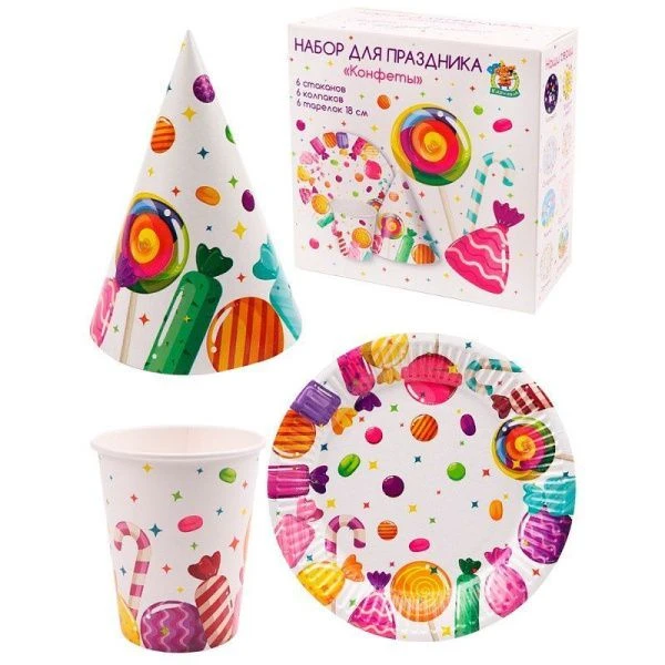 Набор одноразовой посуды бумажный (тарелка 6шт, стаканы 6шт, колпаки 6шт.) Конфеты ФЛ-0952