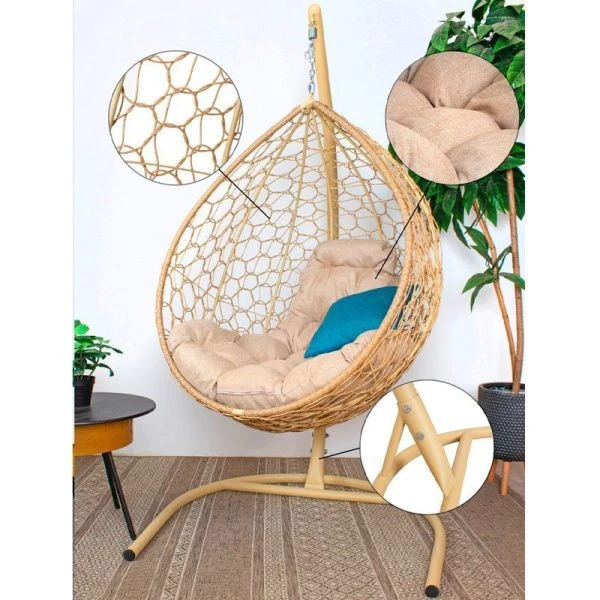 Кресло подвесное Капля Home с ротангом 108*108*186см металл бежевое Лен подушка (max нагр. 120кг)