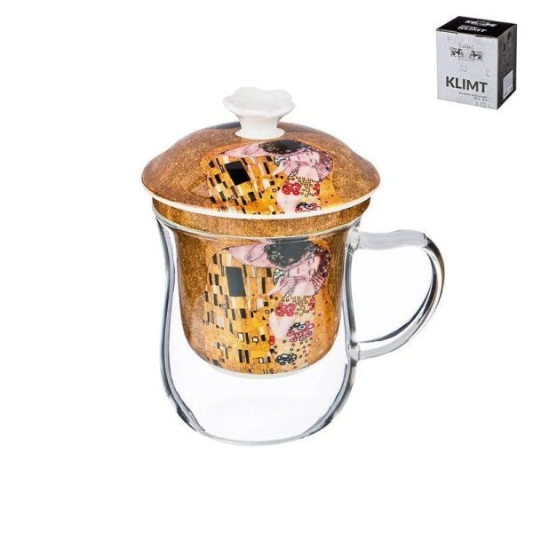 Кружка заварочная 350мл стекло с фарфор.ситом Поцелуй Климта золотая (24)