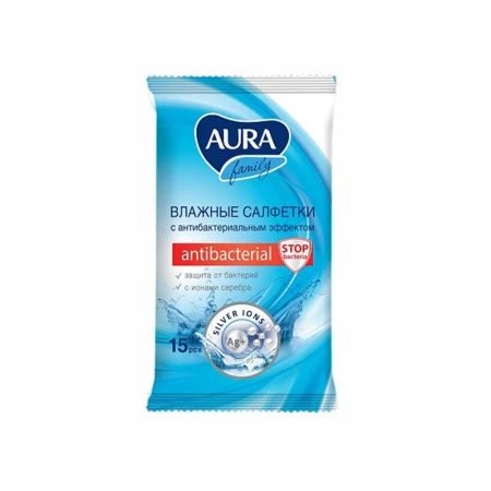 Влажные салфетки AURA FAMILY 15шт. антибактериальные (36)