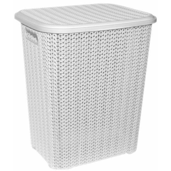 Корзина для белья 60л пластик ВЯЗЬ белая с крышкой (8)