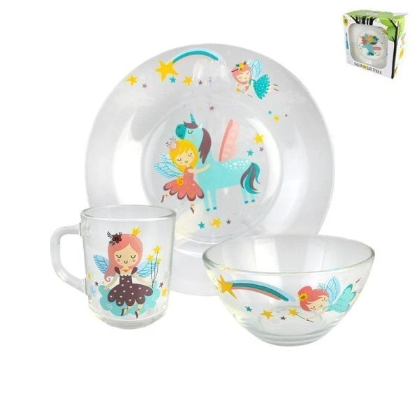 Набор детской посуды 3пр (тарелка, миска, стакан) стекло ПРИНЦЕССЫ (4)