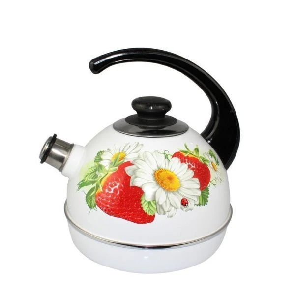 Чайник со свистком 3,5л эмаль КЛУБНИКА С РОМАШКОЙ белый конс.ручка декор нерж Т04350305 (4)