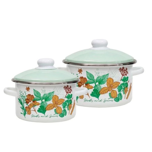 Набор посуды 2пр 2/3л эмаль КУЛИНАРНЫЕ ТРАВЫ белый цилиндрический 2-225/6 (1)