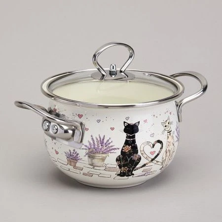 Кастрюля 1,5л эмаль  Lavander Cats со стекл.крышкой 16см (6)