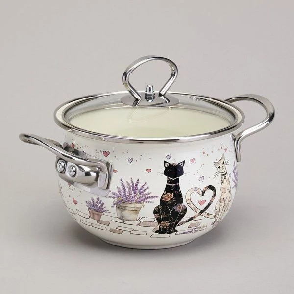 Кастрюля 1,5л эмаль  Lavander Cats со стекл.крышкой 16см (6)