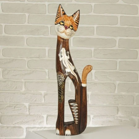 яяяФигурка Серая кошка в ошейнике с ящерками дерево 60*12*6см яяяФигурка Серая кошка в ошейнике с ящерками дерево 60*12*6см