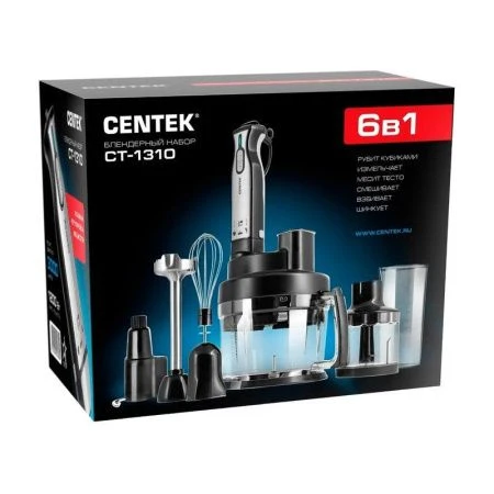 Блендер погружной нерж.сталь Centek CT-1310 1500Вт, шинковка 2л, чоппер 500мл, венчик, стакан(2)