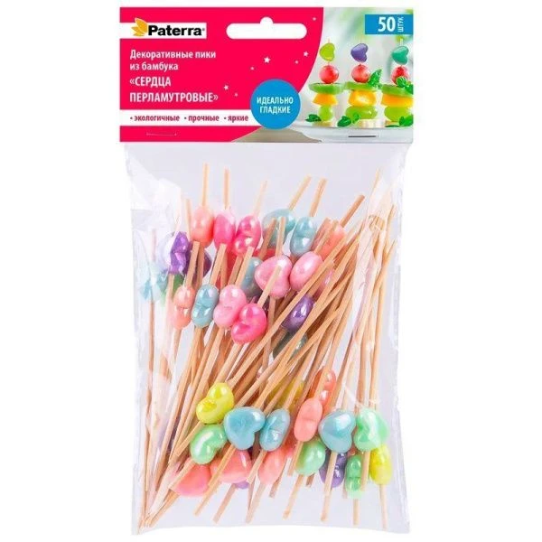 Шпажки для канапе 12см 50шт бамбук Сердца перламутровые в пакете  PATERRA