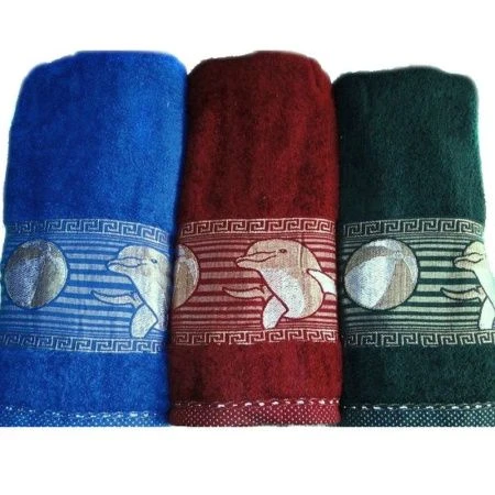 Полотенце махровое 70*140см гладкокраш. с зол каймой Дельфины (зеленый, бордовый, тёмно-синий) 41017