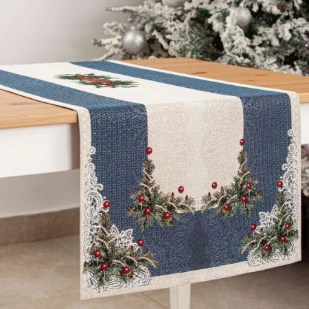 Салфетка новогодняя 44*140см гобелен РОЖДЕСТВЕНСКОЕ КРУЖЕВО синее