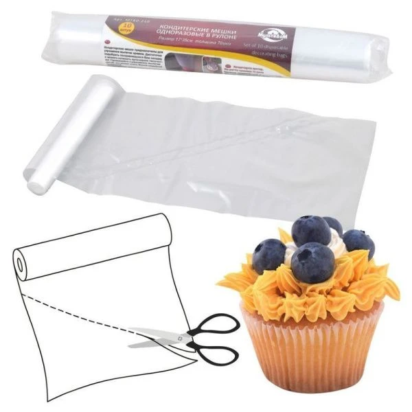 Мешок кондитерский набор 10шт 35*17см 70мкм полиэтилен одноразовый в рулоне (10/100)