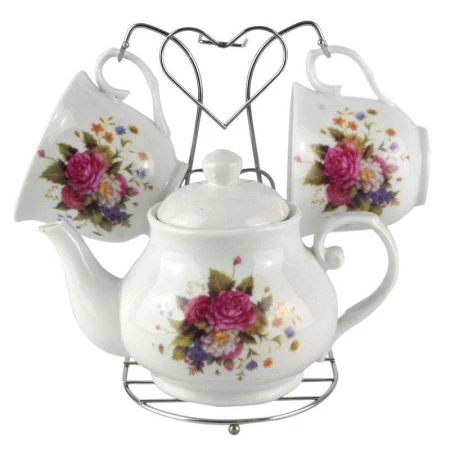 Чайный набор 3пр фарфор БУКЕТ на 2 персоны 220/600мл на мет.подставке JC-7697 (36)