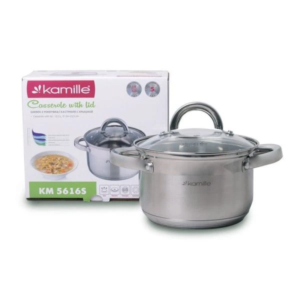 Кастрюля 2,1л нерж.сталь со стекл.крышкой 16см 5-ти сл.дно арт.5616S (8)