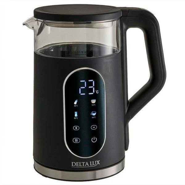 Чайник электрический 1,7л стекло 2200Вт DELTA LUX DE-1025 LCD дисплей, черный (6)