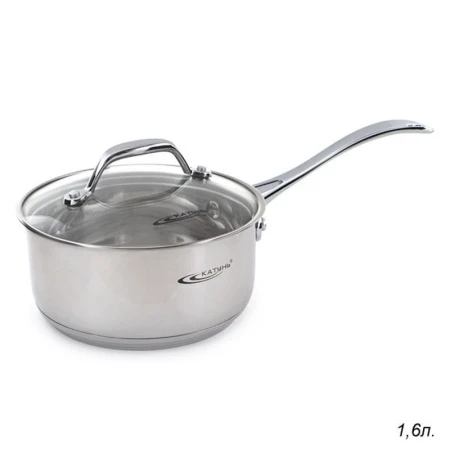 Ковш 1,6л нерж.сталь НИКА стекл.крышка d16см толщина стенок 0,5мм индукция KT02-К (4)